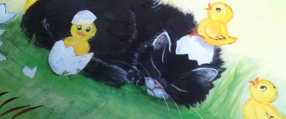 Tecknad katt med påskkycklingar