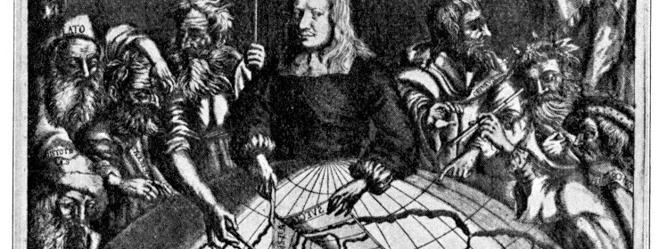 Försättsblad til "Atlantican". Olof Rudbecl tilsammans med antika filosofer står runt en jordglob ur vilken ett snitt har skurits. Rudbecj pekar på det uppvikta snittet där det står "Atlantis" istället för "Sverige".