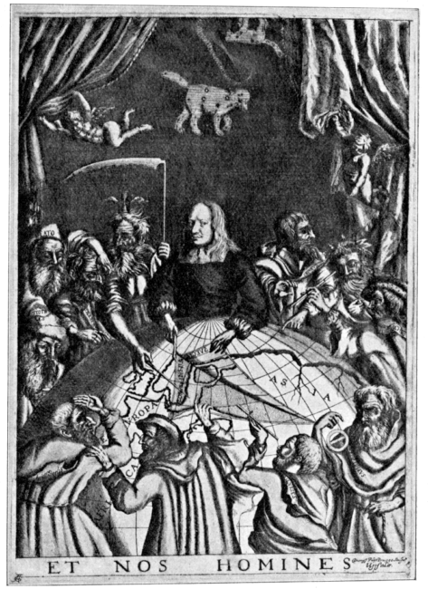 Försättsblad til "Atlantican". Olof Rudbecl tilsammans med antika filosofer står runt en jordglob ur vilken ett snitt har skurits. Rudbecj pekar på det uppvikta snittet där det står "Atlantis" istället för "Sverige".