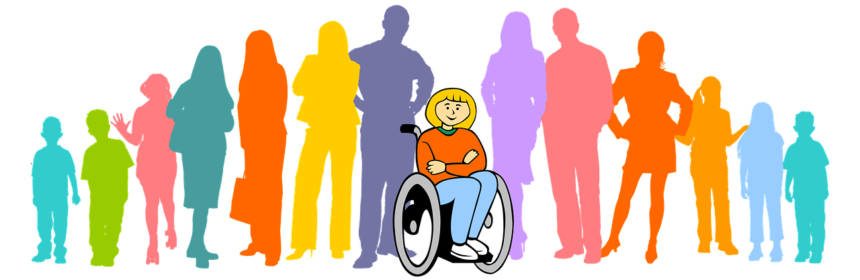 En person i rullstol omgiven av siluetter av människor.